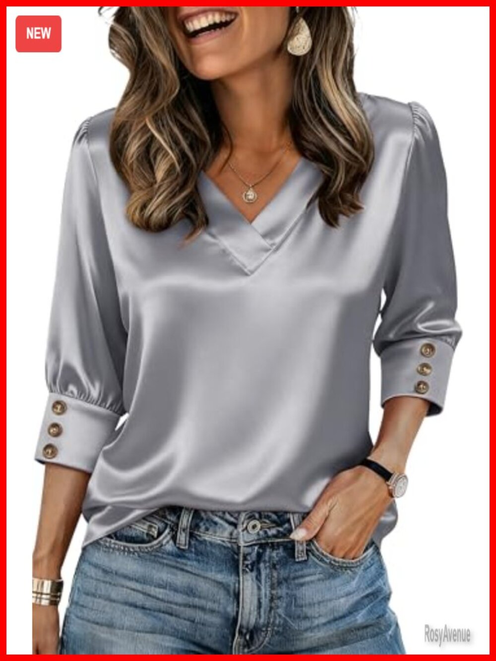Womens Satin Blouse 3/4 Puff Sleeve V-Neck Dressy Casual Top